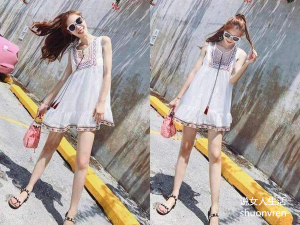 民族风格无袖连衣裙+三边真珠凉拖