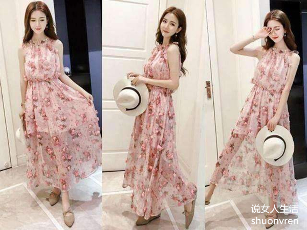 小碎花无袖连衣裙+呼和浩特半凉拖