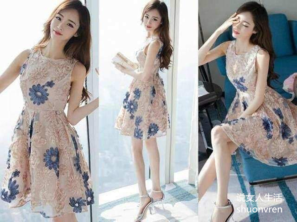 雪纺无袖连衣裙+粗跟凉拖